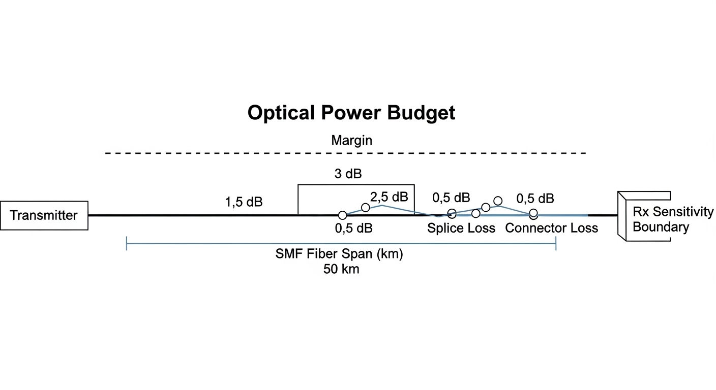 Clean line-art illustration of an optical budget diagram, showing transmitter, SMF fiber span labeled in kilometers, connecto