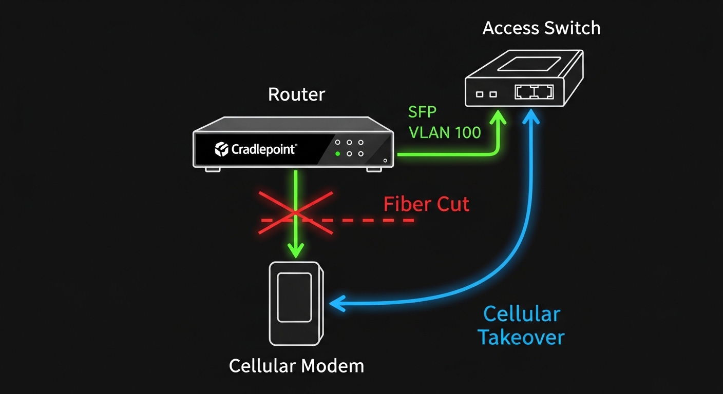 Concept illustration showing a network failover diagram: a Cradlepoint router connected to an access switch via an SFP fiber 