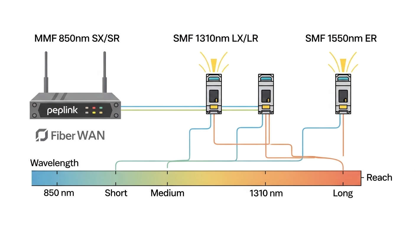 Vector illustration in a clean, technical style showing three fiber WAN scenarios (MMF 850 nm SX/SR, SMF 1310 nm LX/LR, SMF 1
