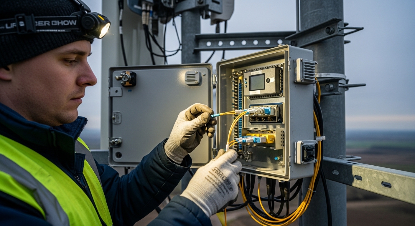 Lifestyle-style photograph of a technician in a high-visibility vest working on an outdoor radio cabinet on a tower, hands ho