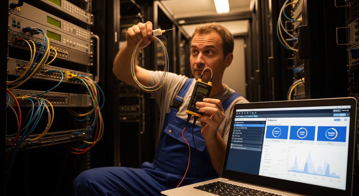 Witty lifestyle scene in realistic photo style: a technician in a server room holding a fiber cleaning kit and a small optica