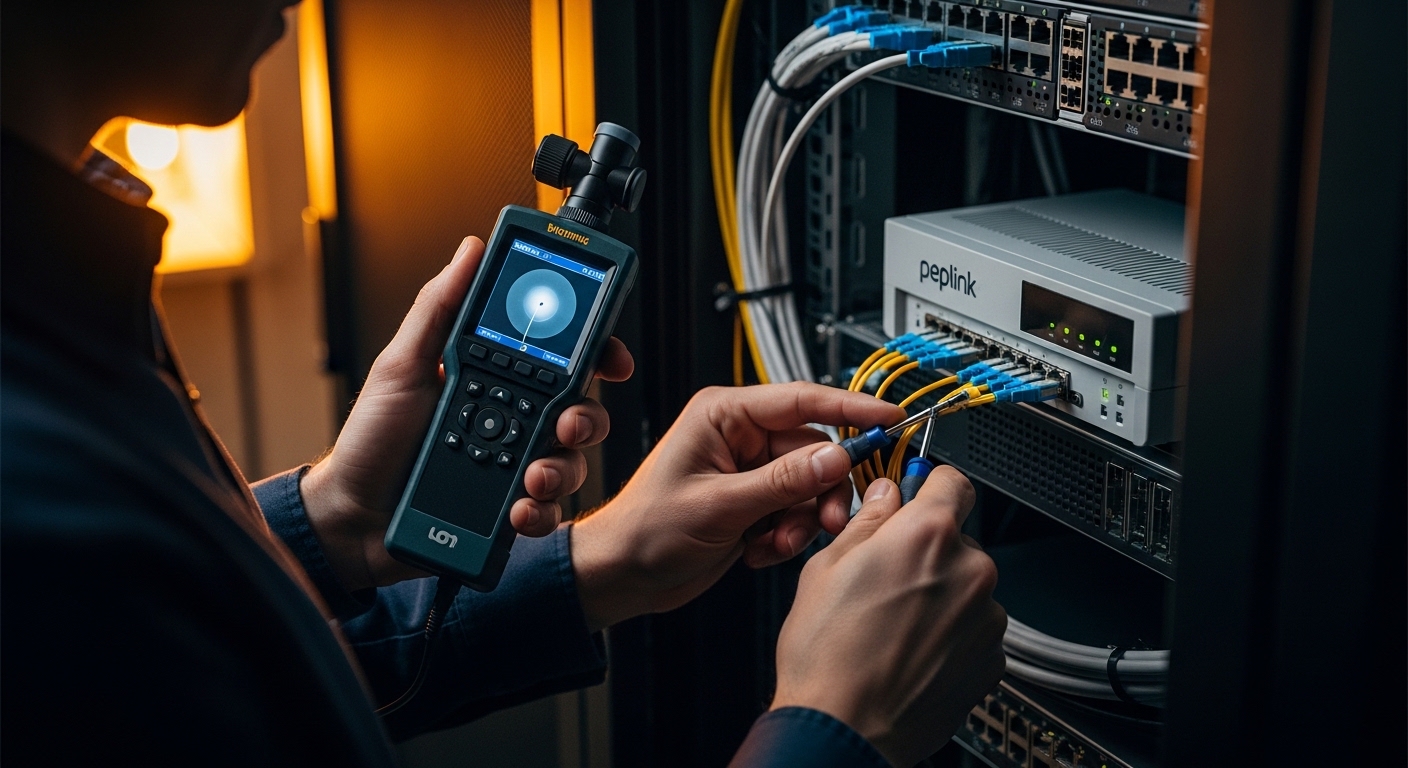 Documentary-style lifestyle scene of a field engineer in a server closet at dusk using a handheld fiber scope and a small tor