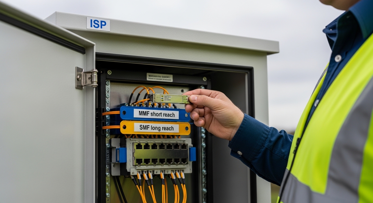 Close-up documentary photography of a roadside fiber cabinet with an opened door, showing an ISP access rack inside; a field 