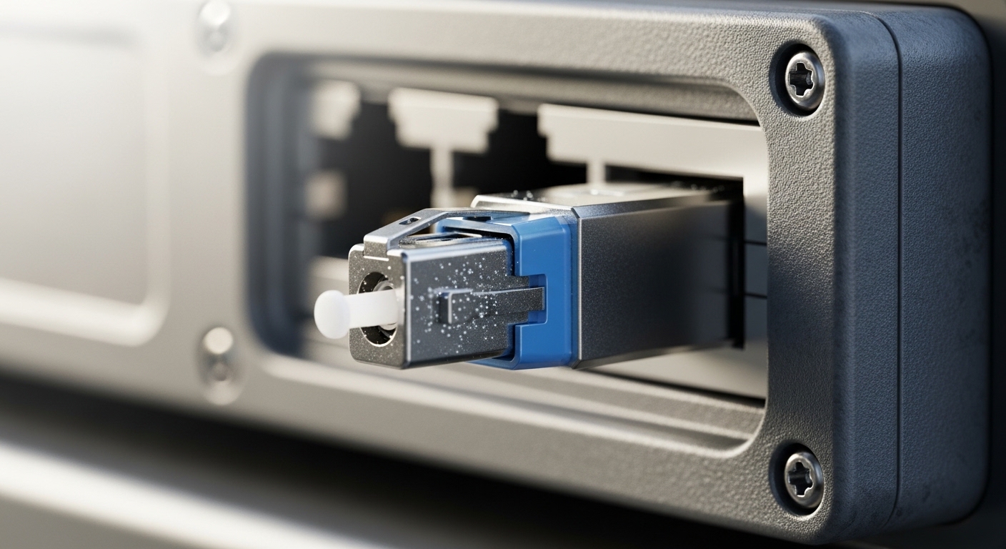 Macro photography of a fiber optic transceiver inserted into a ruggedized outdoor signage switch, showing the LC connector en