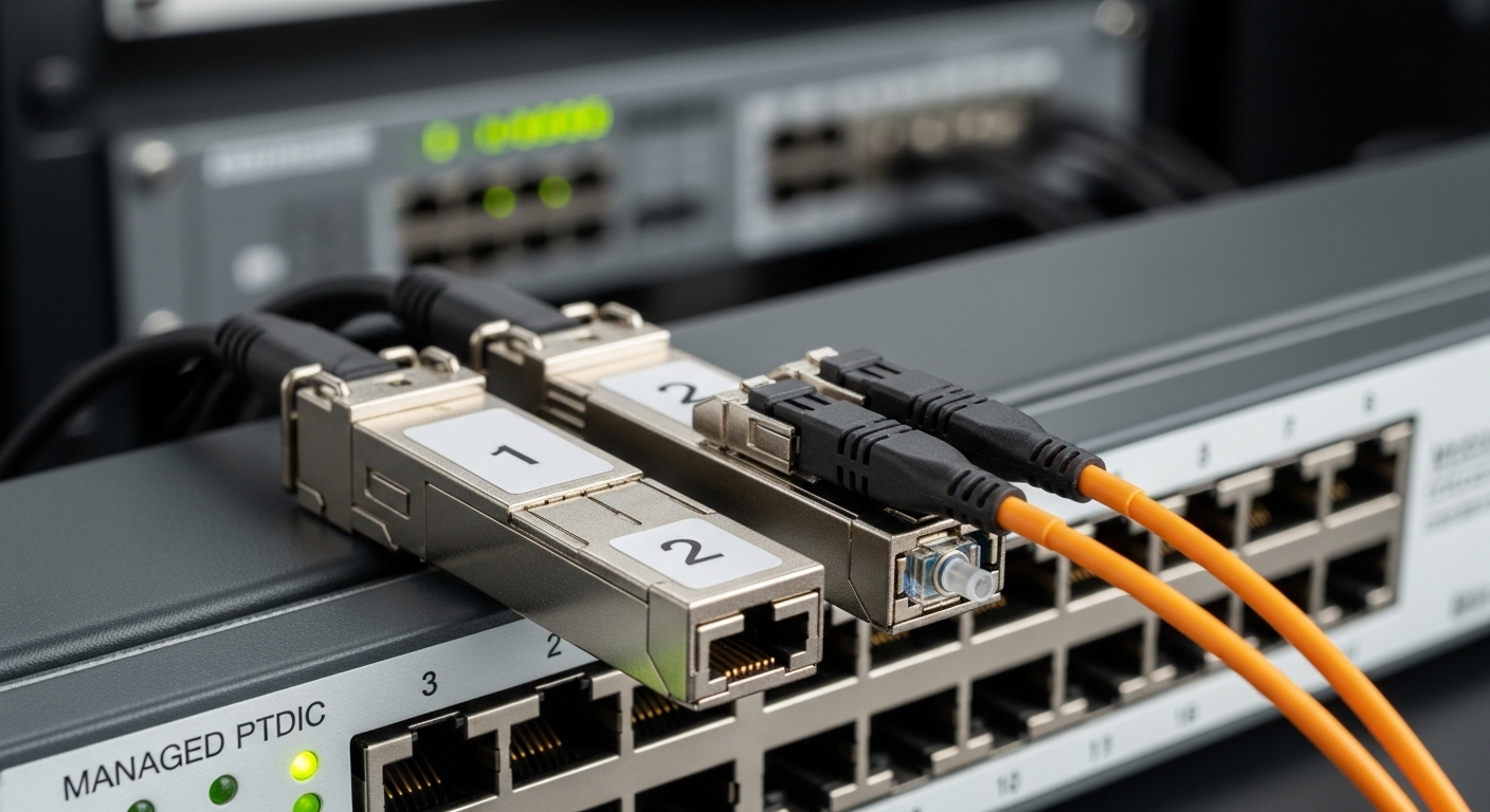 Close-up photography of two SFP fiber transceiver modules seated in a managed Ethernet switch cage, with visible orange fiber