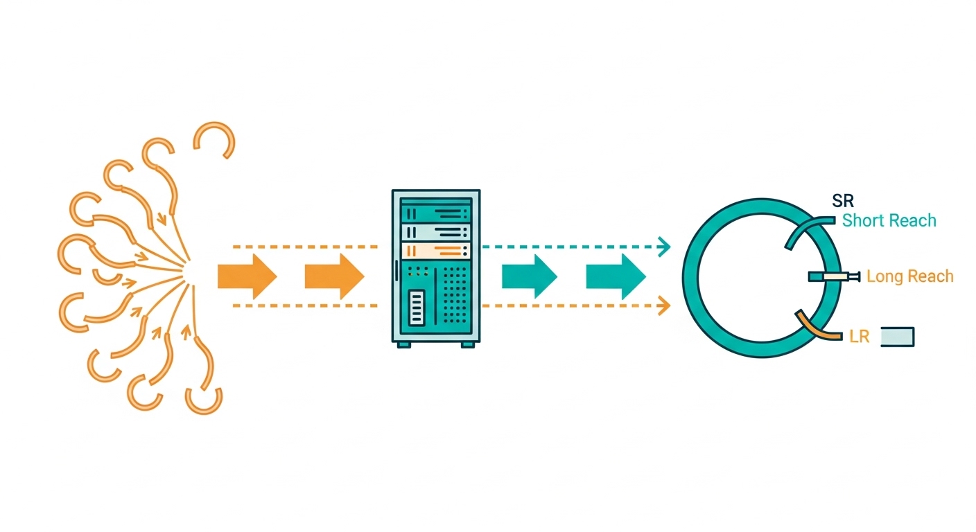 Conceptual illustration in clean flat vector style showing a migration “flow map” from copper xDSL to fiber-fed DSLAM: left s