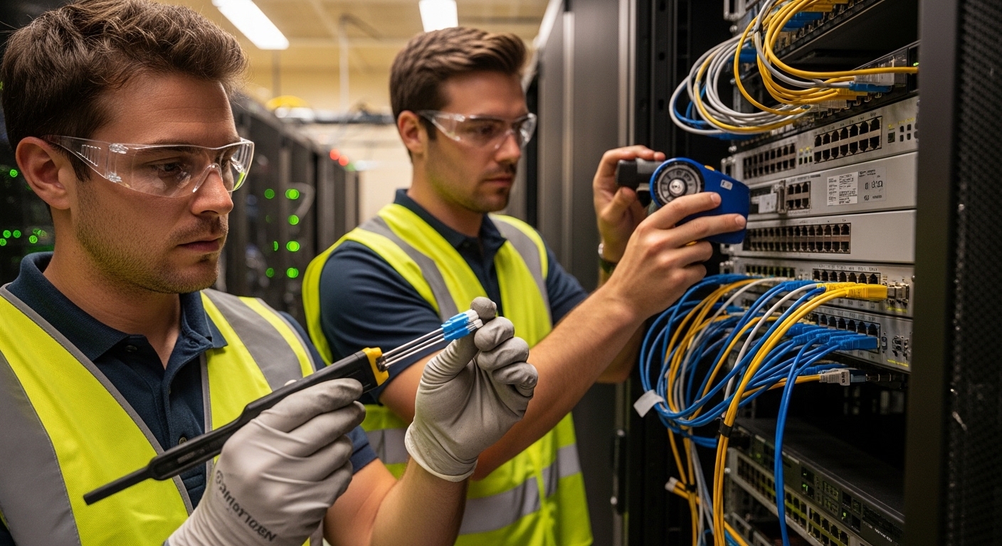 Realistic lifestyle scene inside a rack room with technicians wearing safety vests, one holding an LC fiber cleaning tool whi