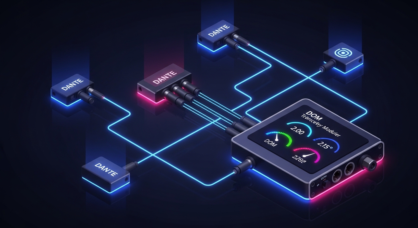 Concept illustration in isometric style showing an audio network with Dante nodes as small icons, fiber links as glowing line