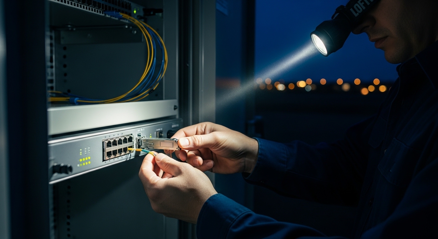 Lifestyle scene with dramatic lighting: a night-time service call outside a small-town cabinet, headlamp glow on a technician