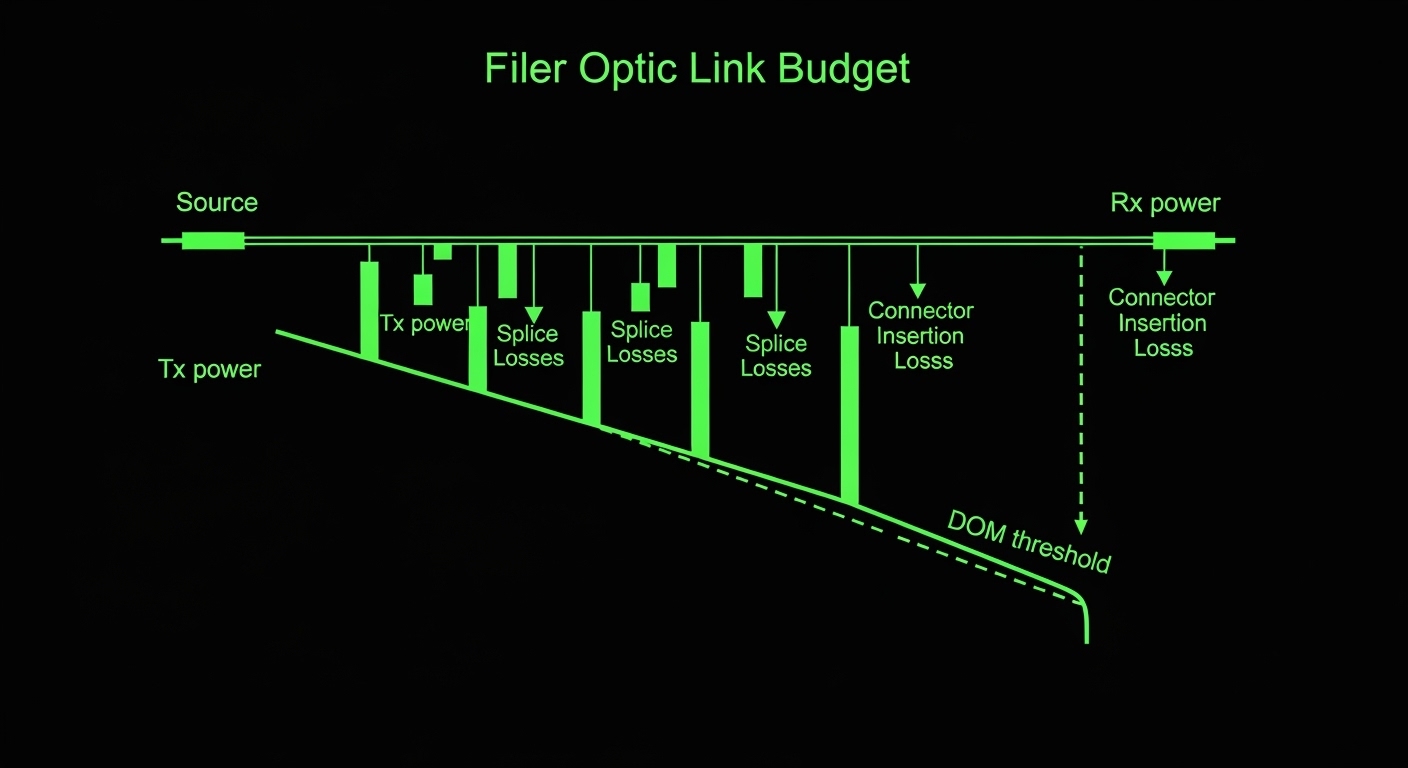 Clean-room style illustration of a fiber link budget diagram, showing Tx power, Rx power, splice losses, connector insertion 