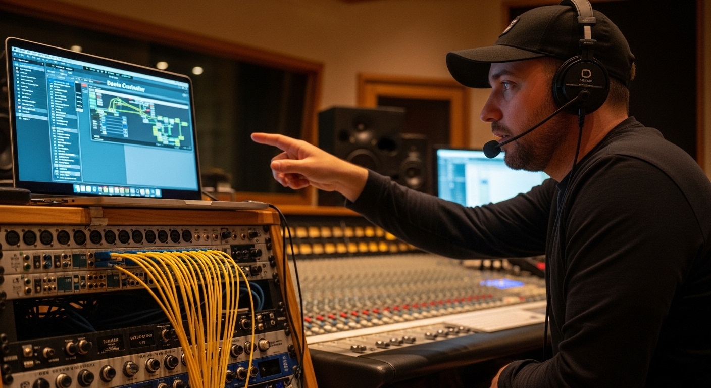 Realistic lifestyle scene inside a recording studio control room, engineer in headset pointing at a laptop running Dante Cont