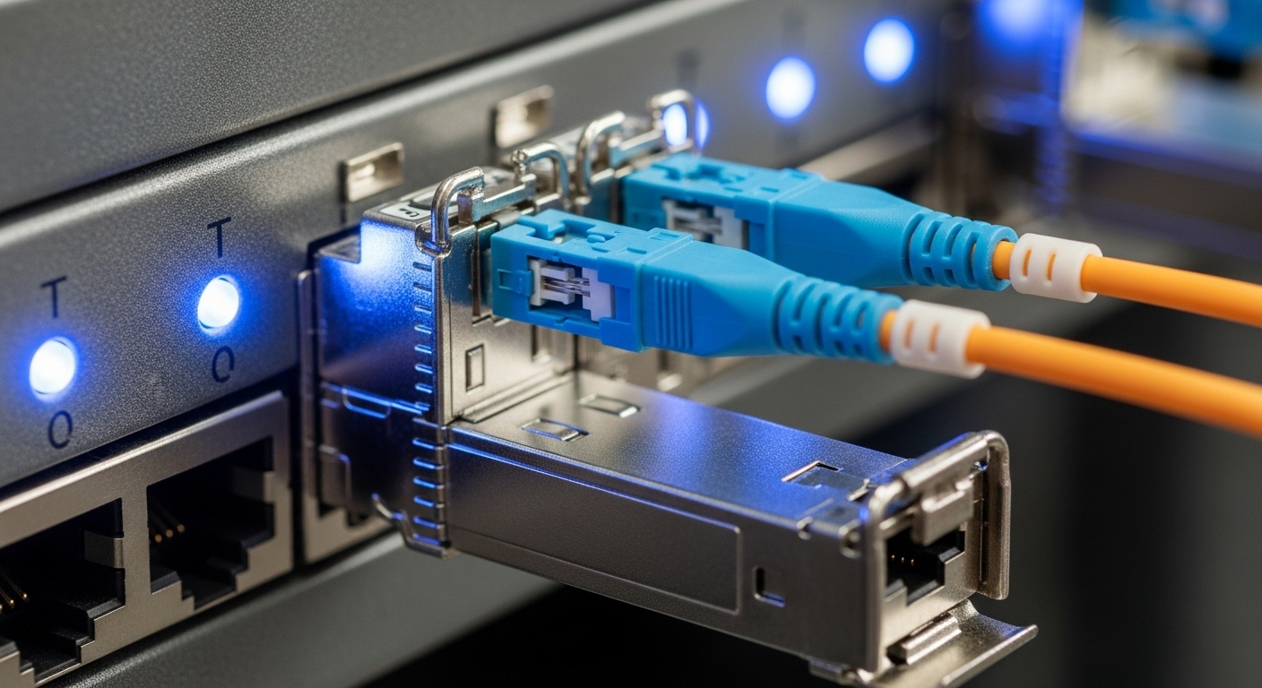 A macro photography scene of a fiber optic transceiver module being inserted into an industrial Ethernet gateway port inside 