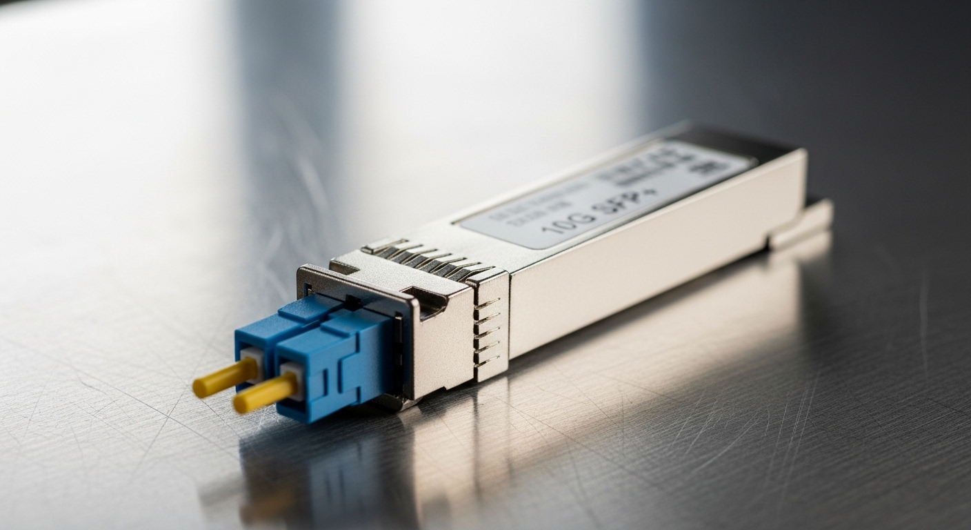 A macro product photo of an industrial SFP fiber transceiver with an LC connector on a stainless workbench, soft daylight, sh