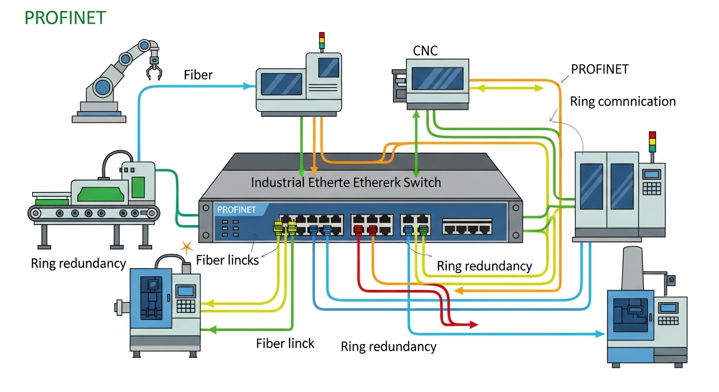 Clean technical illustration of a PROFINET factory network rack, showing an industrial switch, ring redundancy, and fiber lin