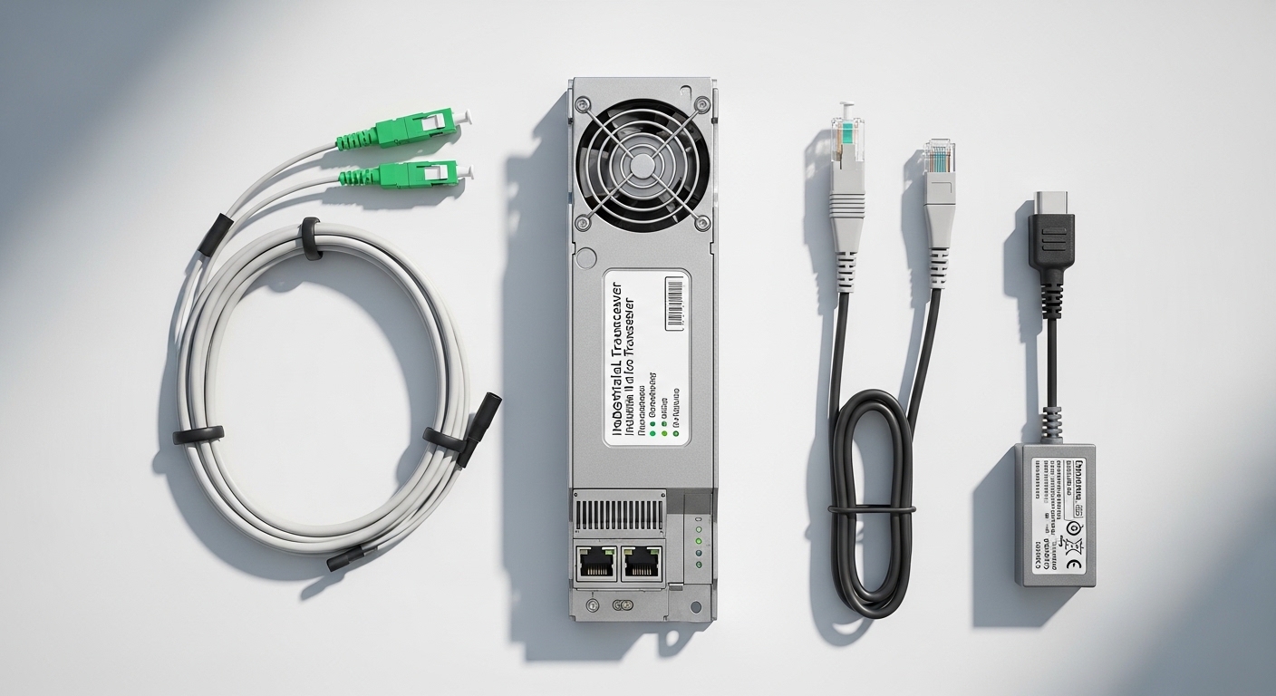Overhead flat-lay composition of industrial gateway transceiver, Fiber Transceiver for Industrial IoT Gateways, styled layout