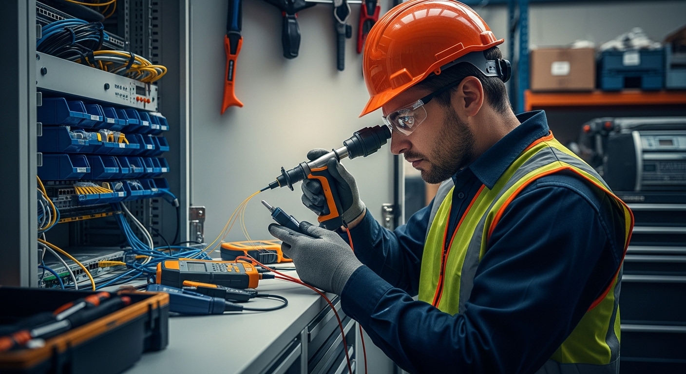 Photorealistic lifestyle scene of a field engineer wearing PPE using a fiber inspection scope and a small optical power meter