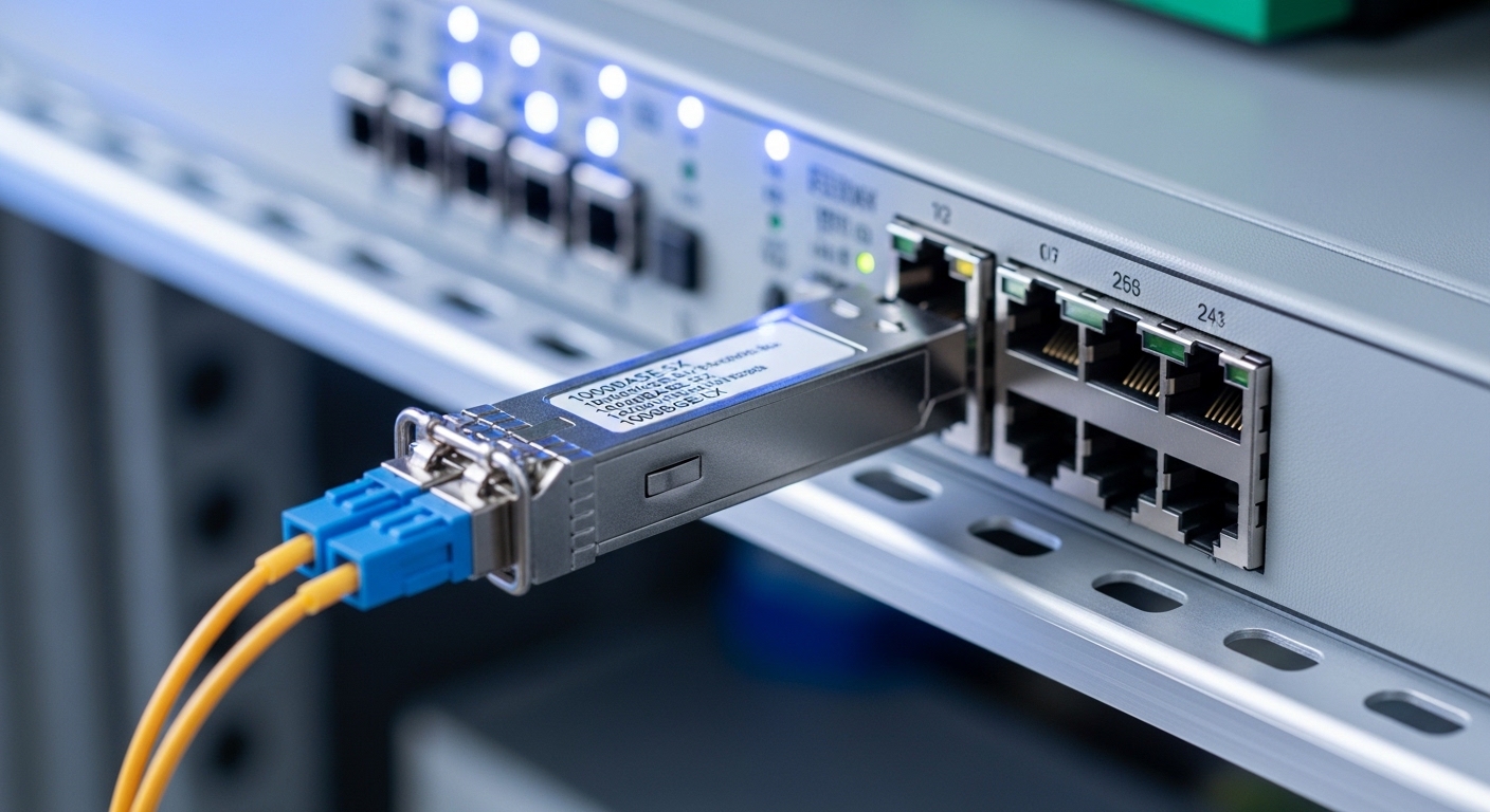 Close-up photography of an SFP transceiver with LC fiber connectors being inserted into an industrial Ethernet switch port in