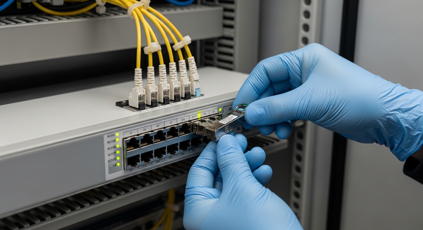 Close-up photography of a technician’s gloved hands inserting an SFP transceiver into an industrial managed switch port insid