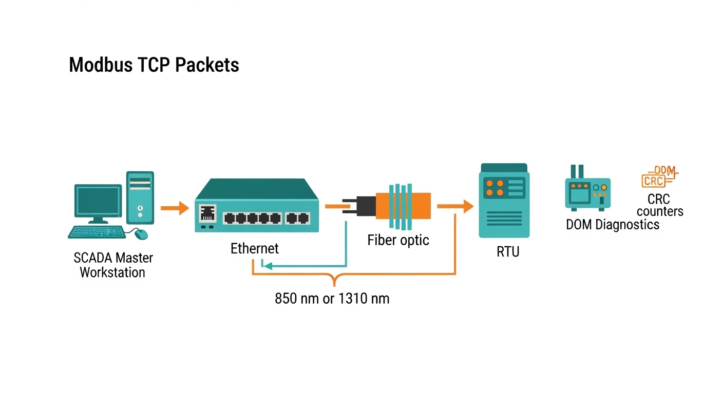 Vector illustration showing Modbus TCP packets flowing from a SCADA master through an Ethernet switch, across a fiber link la