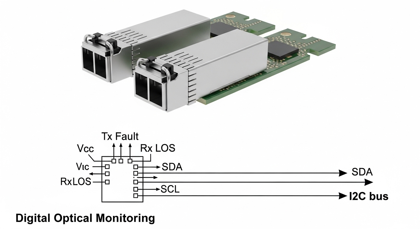 Technical illustration showing two side-by-side SFP modules labeled “850 nm MM” and “1310 nm SM,” with arrows indicating LC d