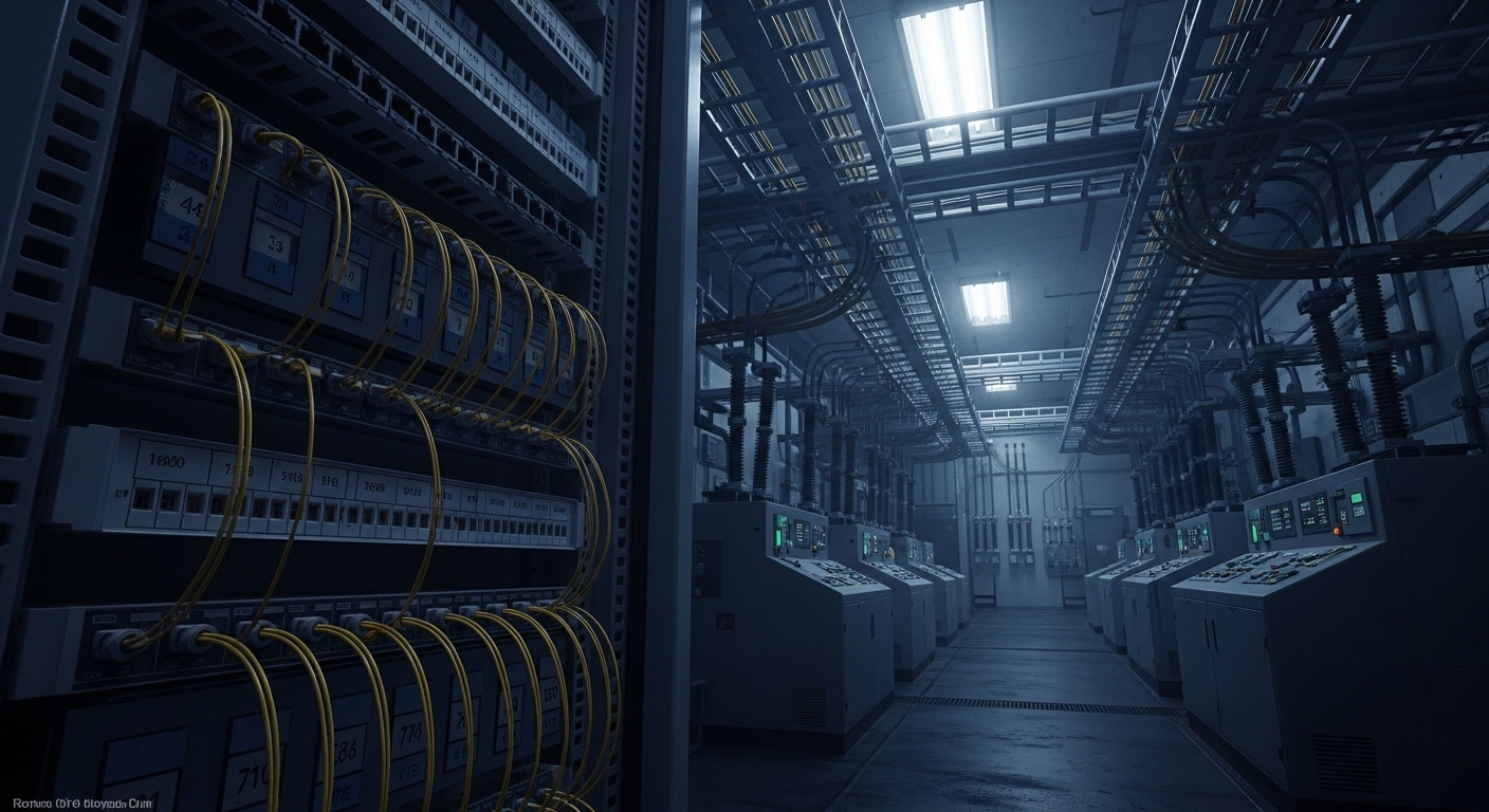Concept art scene of a substation control room at dusk with fiber patch panels and labeled LC jumpers on a rack, moody lighti