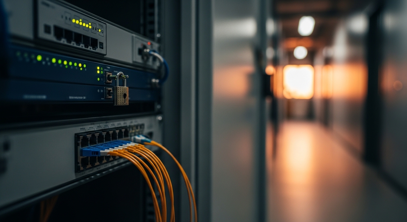 Lifestyle scene with an industrial corridor at dusk, showing fiber patch panels in a locked telecom cabinet, LED indicators o