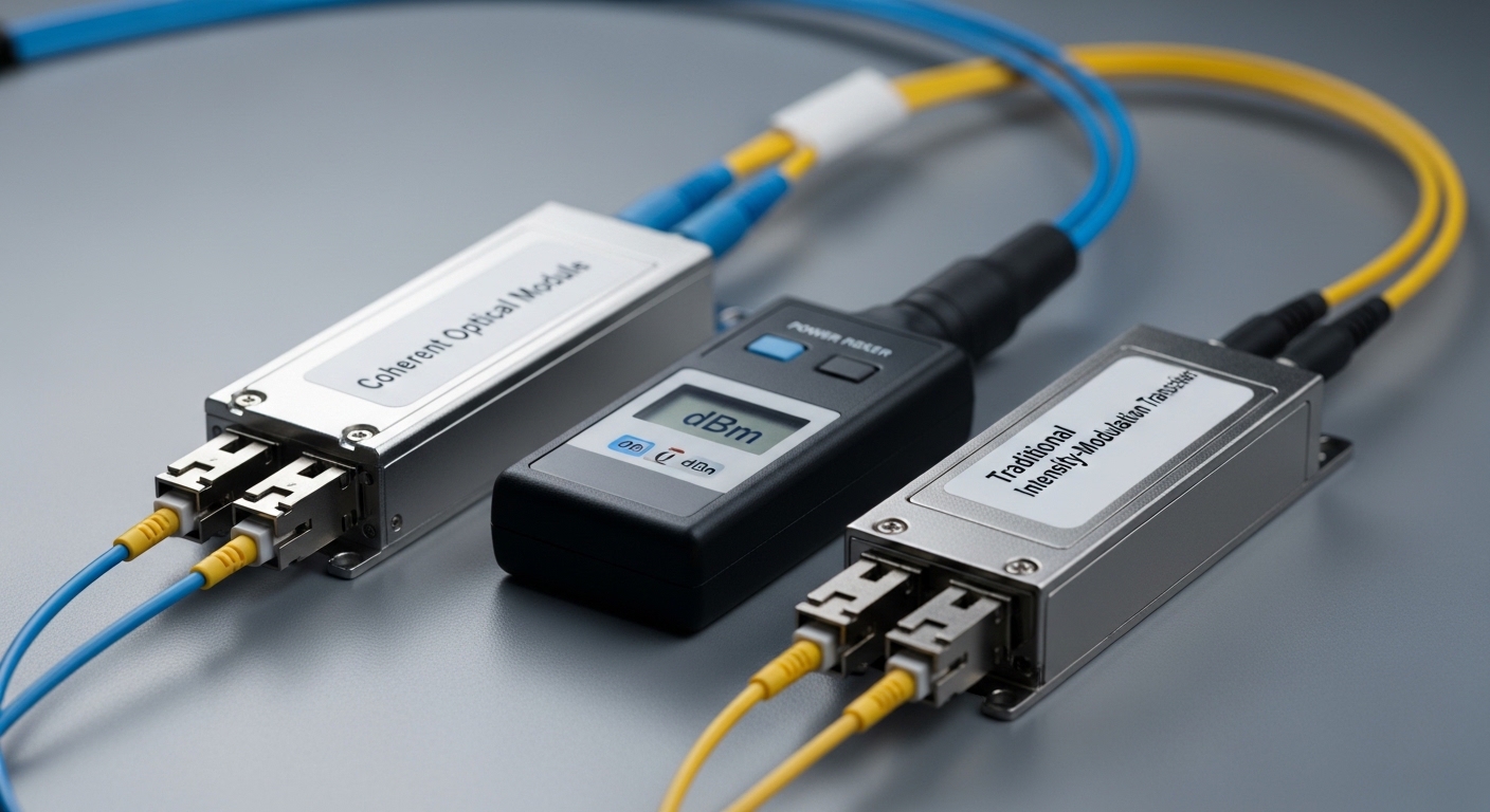 A macro product photography scene on a lab bench showing two fiber transceivers side by side: one labeled as a coherent optic