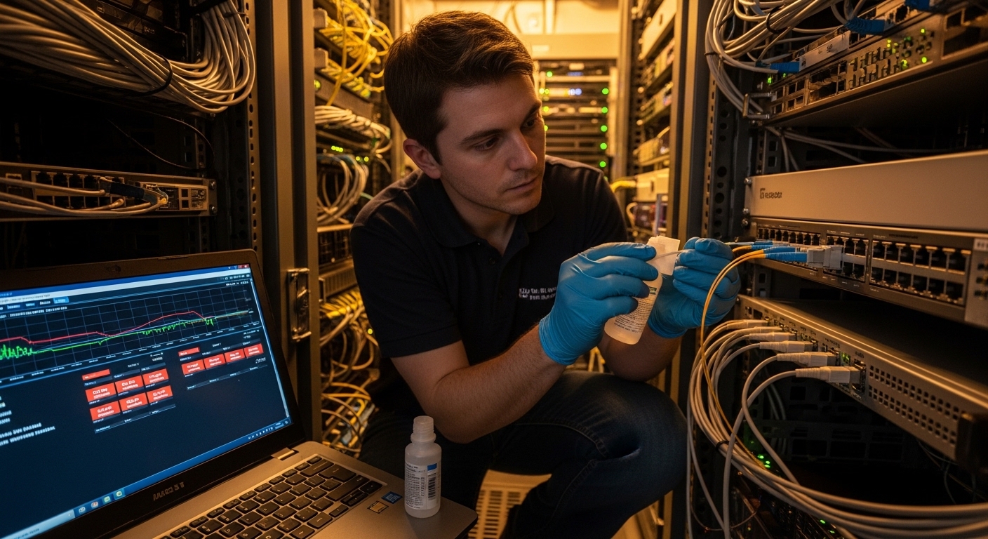 Photorealistic lifestyle scene inside an IDF/MDF closet: a network field technician wearing ESD gloves cleans fiber endfaces 