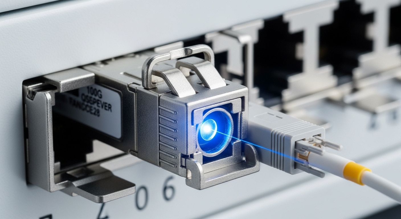Close-up macro photography of an optical transceiver plugged into a 100G QSFP28 cage on a white network switch faceplate, sho