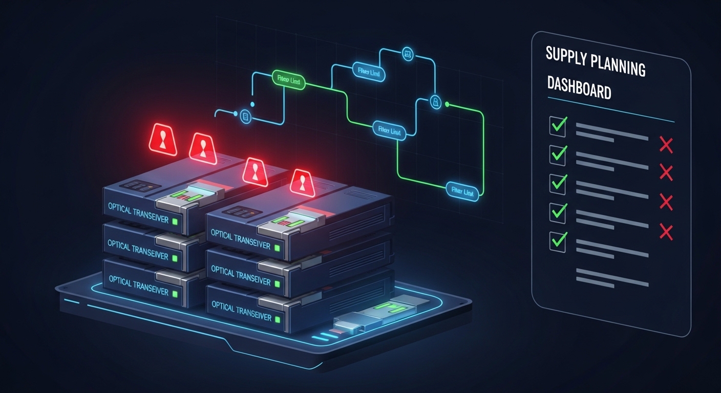 Illustrated concept art of a supply chain dashboard with red alert icons over stacked optical transceiver boxes, overlayed wi