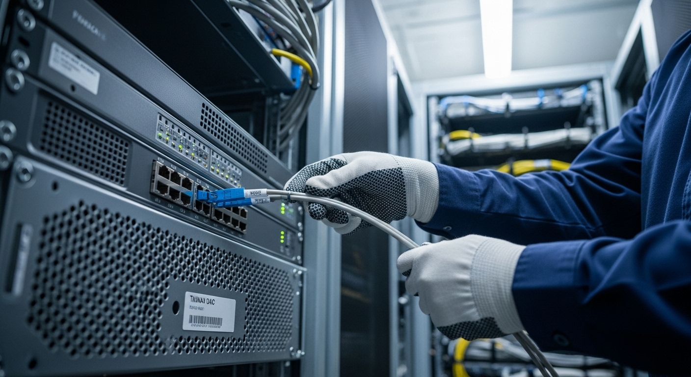 A realistic warehouse-style server room scene, shot like documentary photography, showing a technician in safety gloves insta