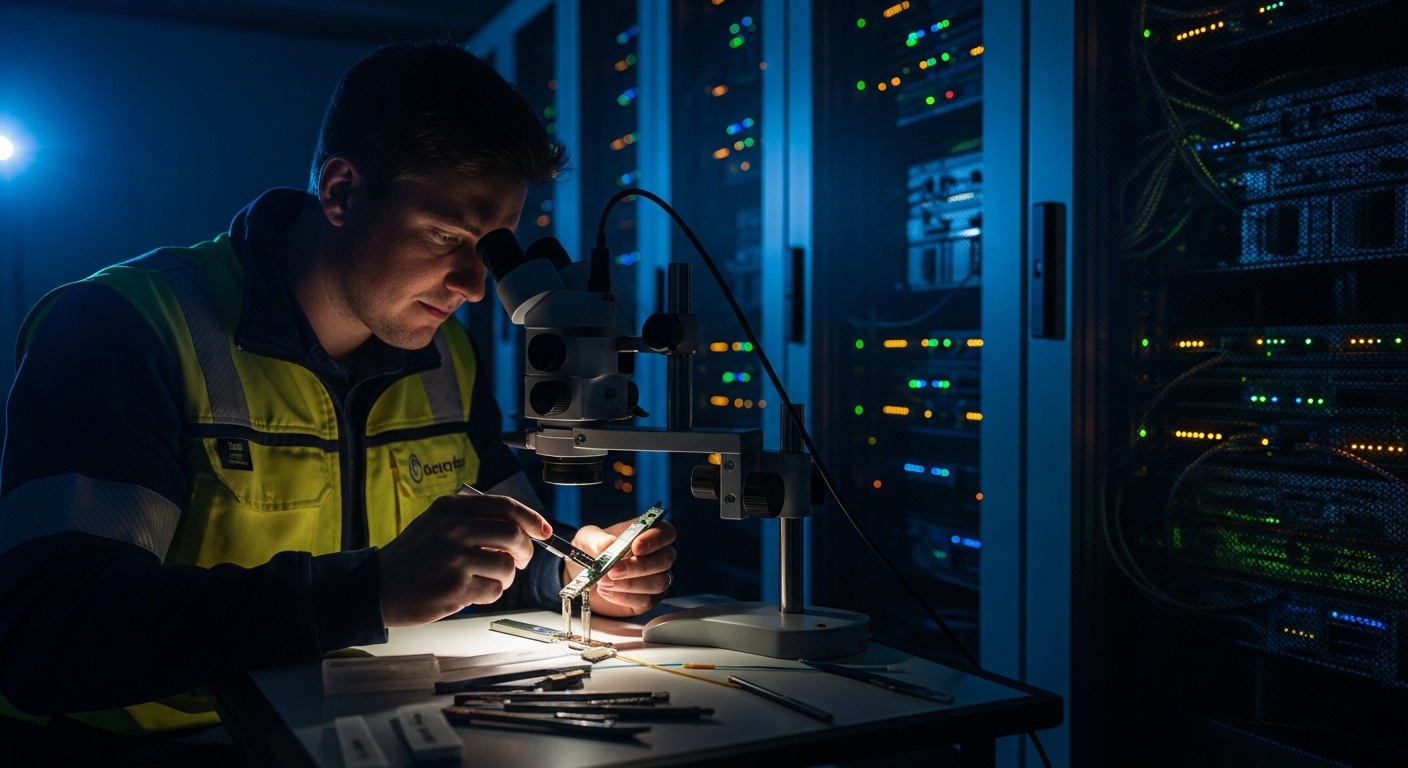 Realistic lifestyle scene in a server room at night, a field engineer in high-visibility jacket using a fiber inspection micr