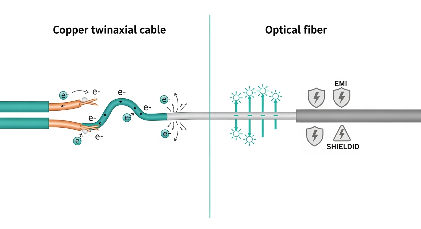 Clean engineering illustration, vector style, comparing copper twinax signal path vs optical fiber path inside a rack; left s