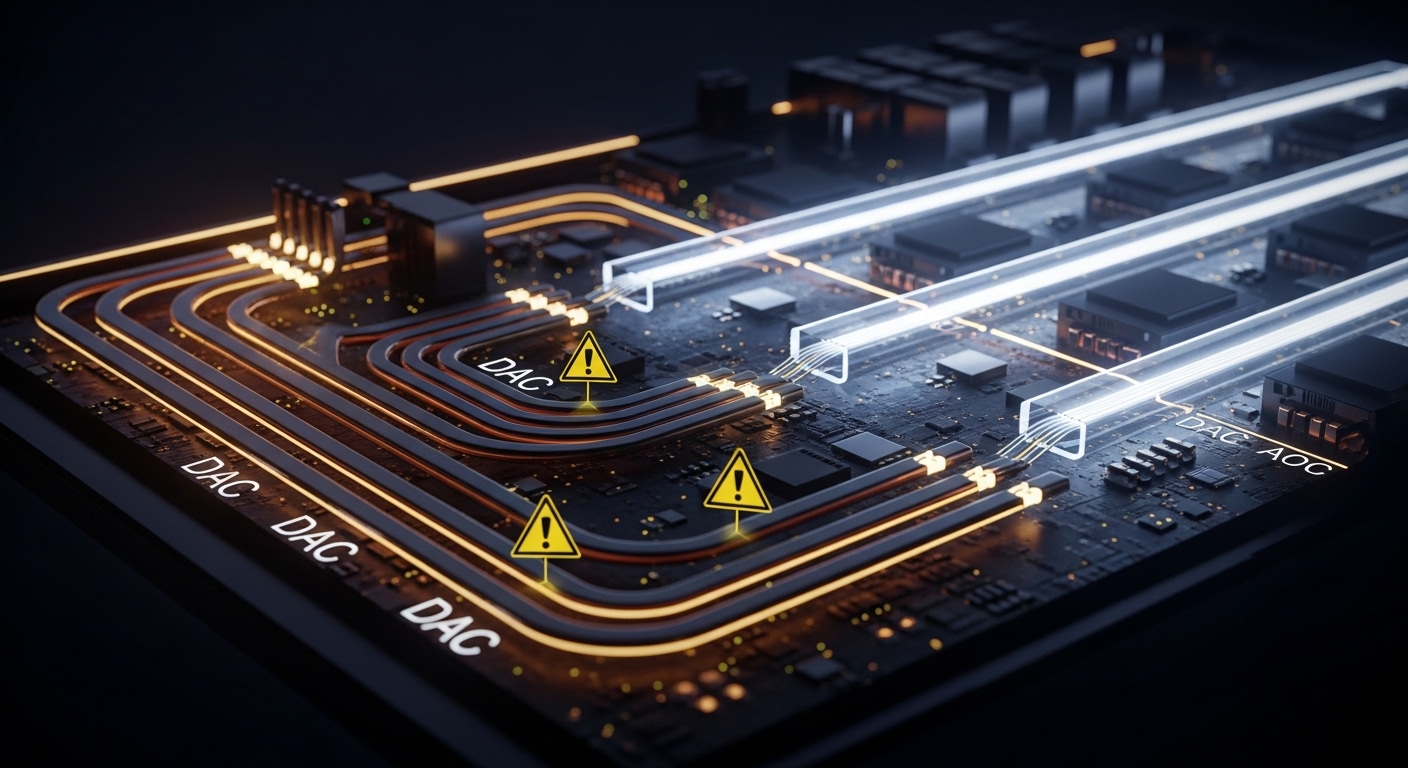 Concept art style, nighttime city-like lighting, showing a cross-section of a data center rack as a glowing circuit board and