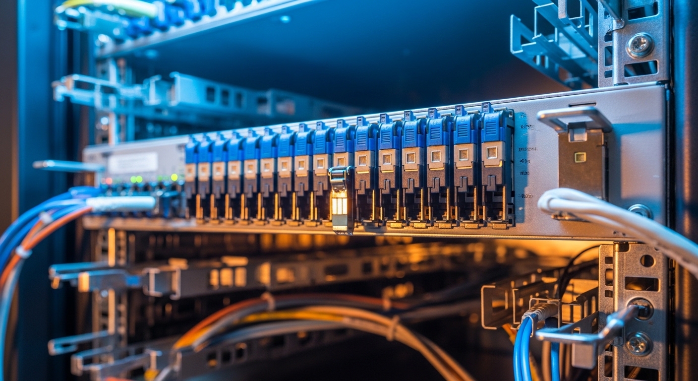 Photorealistic close-up of a 42U data center rack with a top-of-rack switch installed, showing rows of LC duplex transceivers