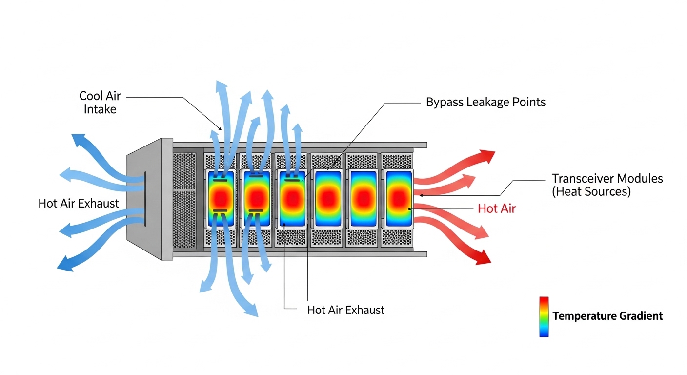 Concept illustration showing a cross-section of a server rack with arrows for front-to-back airflow, highlighted bypass leaka