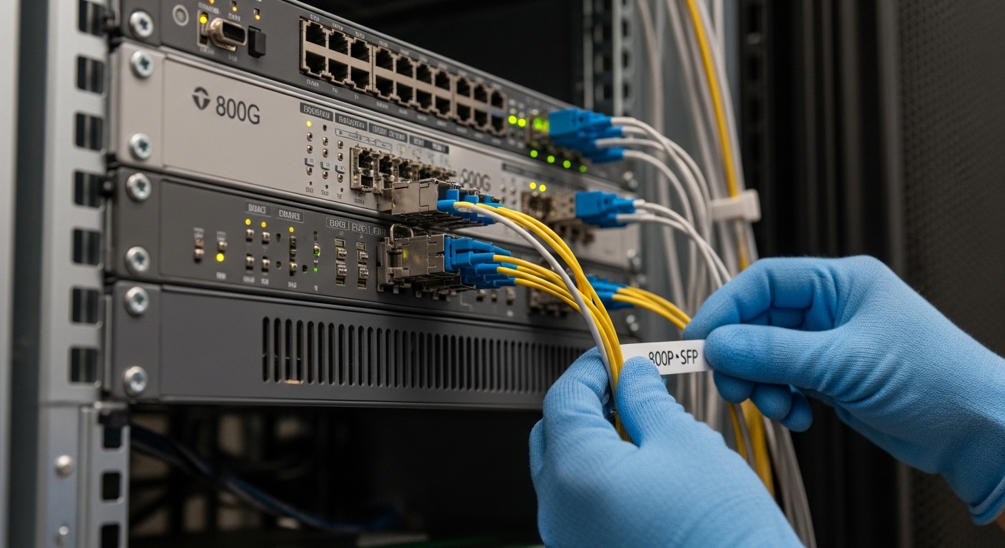 Photorealistic shot of a datacenter rack during an 800G upgrade, focusing on a top-of-rack switch with multiple 800G QSFP-DD 