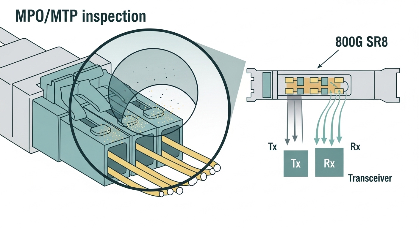 Clean-room style illustration of an MPO/MTP fiber connector inspection, showing dust particles on ferrules, a fiber scope ove