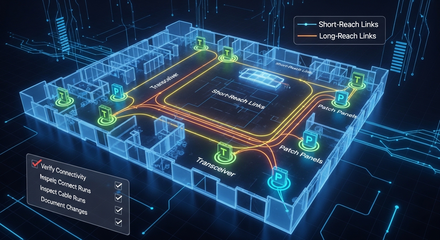 Concept art scene showing a network “map” overlay on a building floor plan, with colored link lines labeled as short-reach an