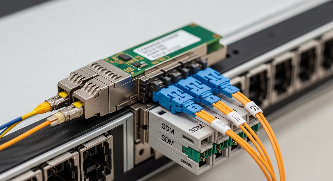 A photorealistic close-up of a coherent optical transceiver module inserted into a 400G optical switch line card, showing fib