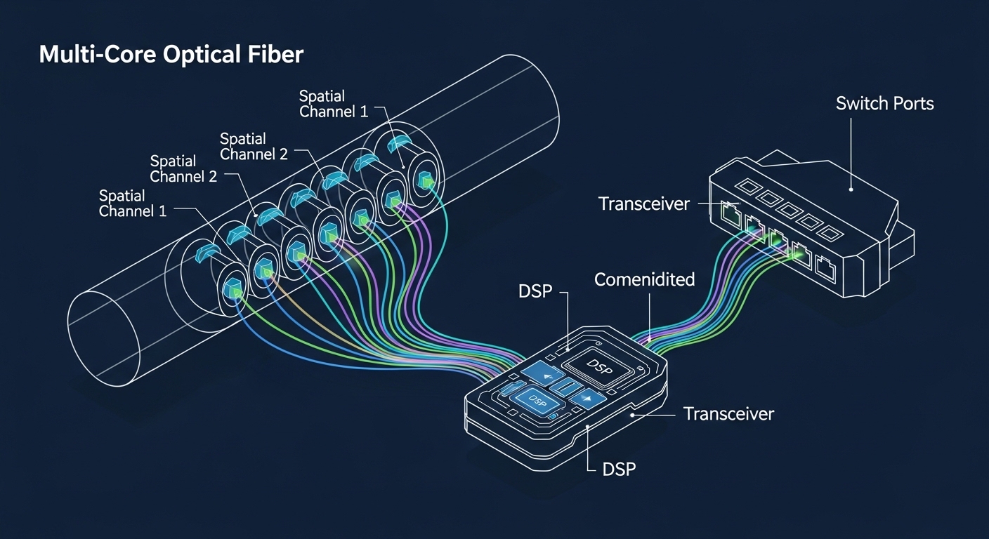 Concept art style diagram showing a multi-core fiber cross-section with multiple spatial channels labeled, connected to a nex