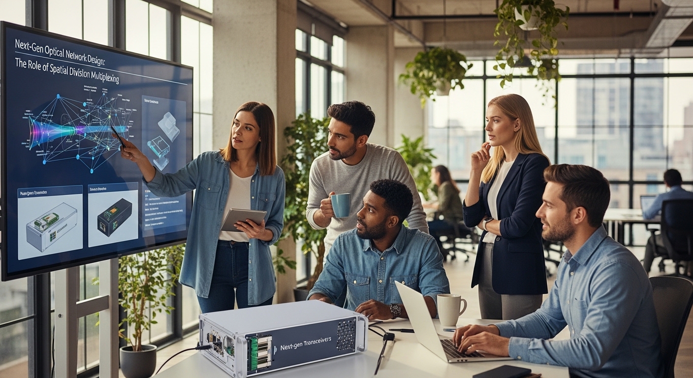 Lifestyle scene featuring next-gen transceivers, Next-Gen Optical Network Design: The Role of Spatial Division Multiplexing, 