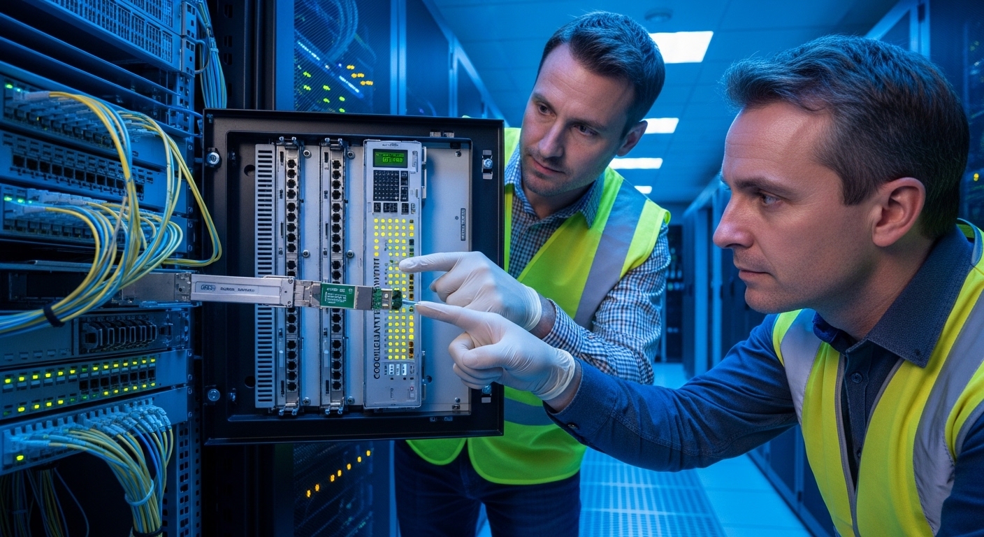 A realistic photography scene inside a carrier-grade fiber network room, two technicians in high-vis vests examining an optic
