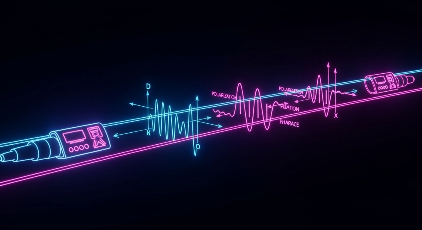 Concept art illustration showing a long fiber route rendered as a glowing ribbon, with a coherent transceiver icon at both en