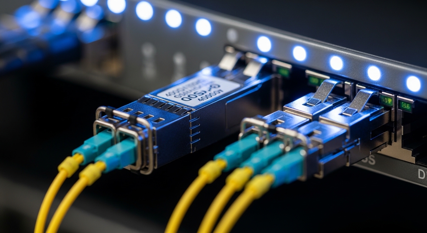Photography style, close-up of a 400G QSFP-DD transceiver module seated in a switch port on a data center rack, visible LC fi