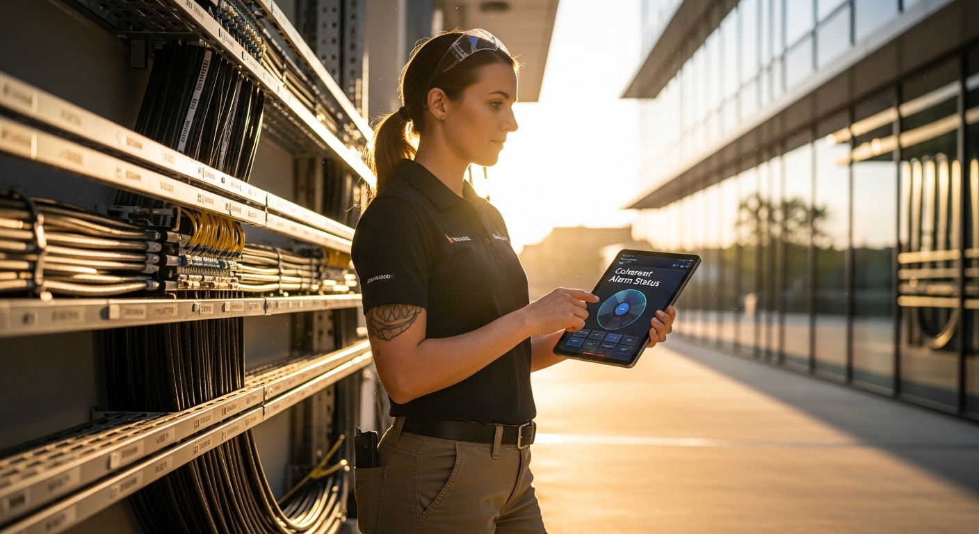 High-resolution lifestyle scene at golden hour outside a telecom facility, a network engineer holding a tablet with a dashboa