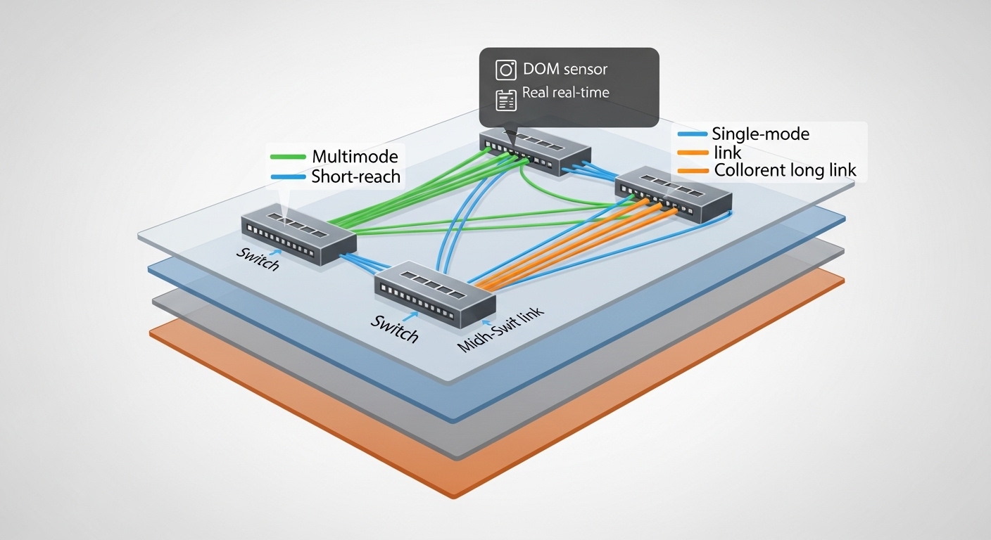Concept art style, semi-transparent layered diagram of an AI data center leaf-spine network with colored optical links (multi