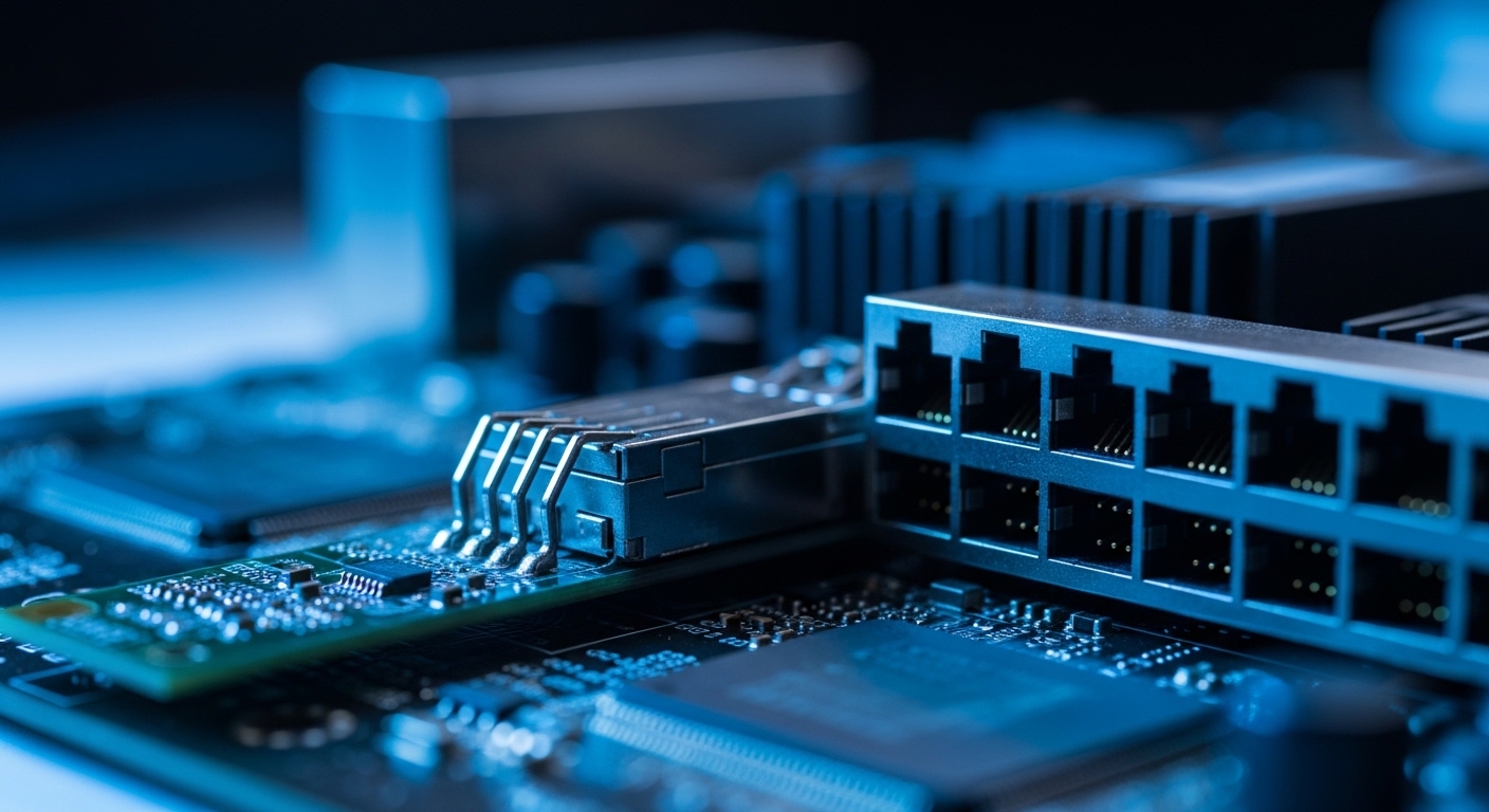 Macro photography, shallow depth of field of a data center server motherboard with an optical transceiver module soldered dir