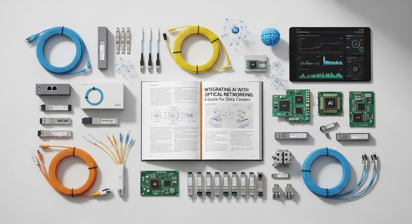 Overhead flat-lay composition of optical networking, Integrating AI with Optical Networking: A Guide for Data Centers, styled