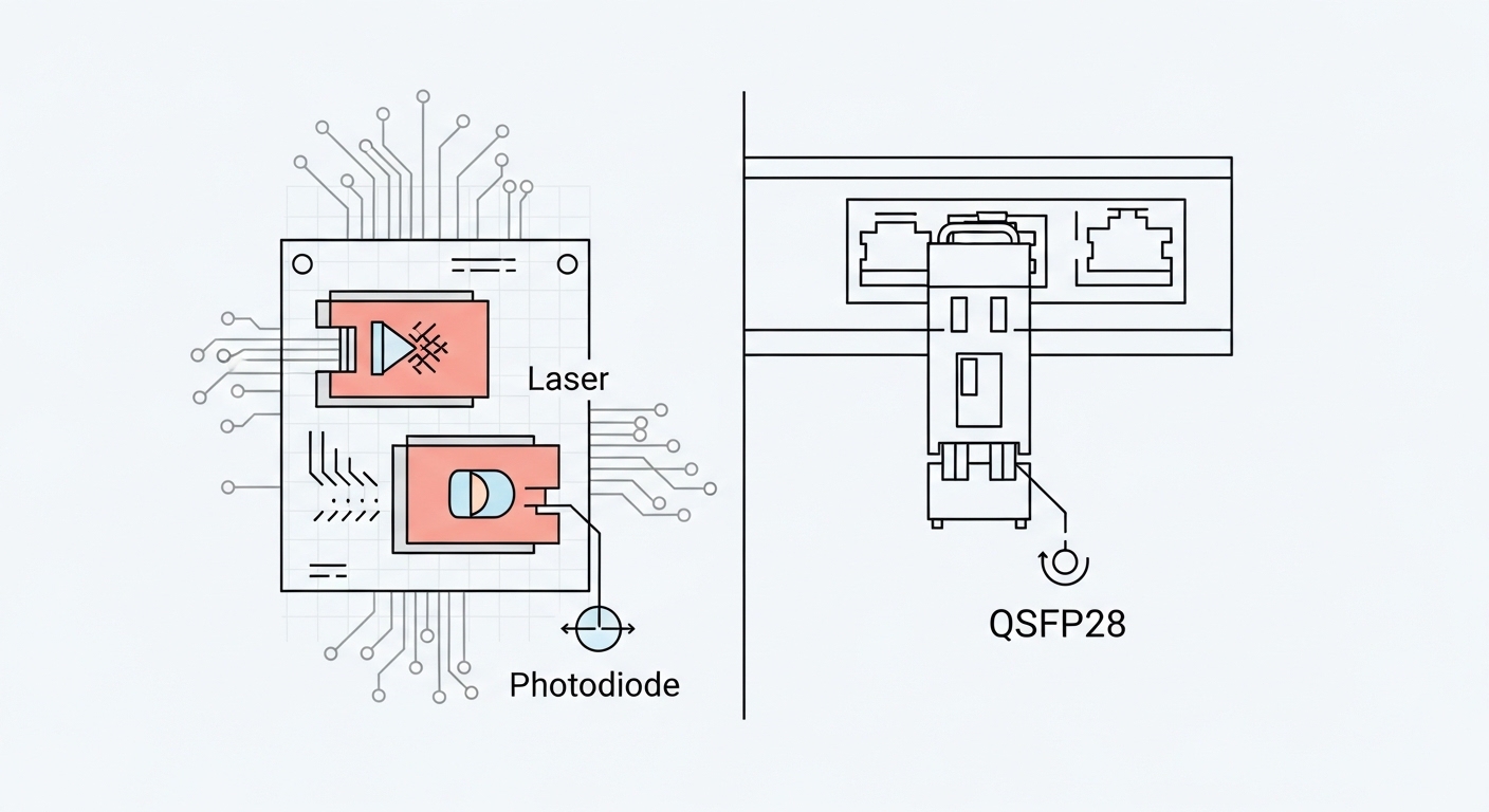 Clean vector illustration, split-screen comparison: left side shows a server PCB with embedded laser and photodiode blocks la